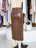 High-Waist Drawstring Slit PU Leather Skirt