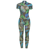 Women Sexy Backless Print See-Through Mesh Bodysuit Jumpsuit