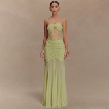 Solid Strapless Sexy Pleated Patchwork Hollow Maxi Dress