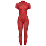 Women Sexy Backless Print See-Through Mesh Bodysuit Jumpsuit