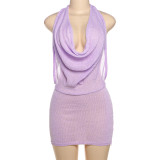Women Cowl Neck Sexy Halter Neck Backless Knitting Mini Dress