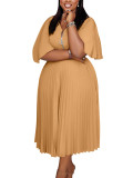 Plus Size Pleated Dress Solid Zipped African Dress