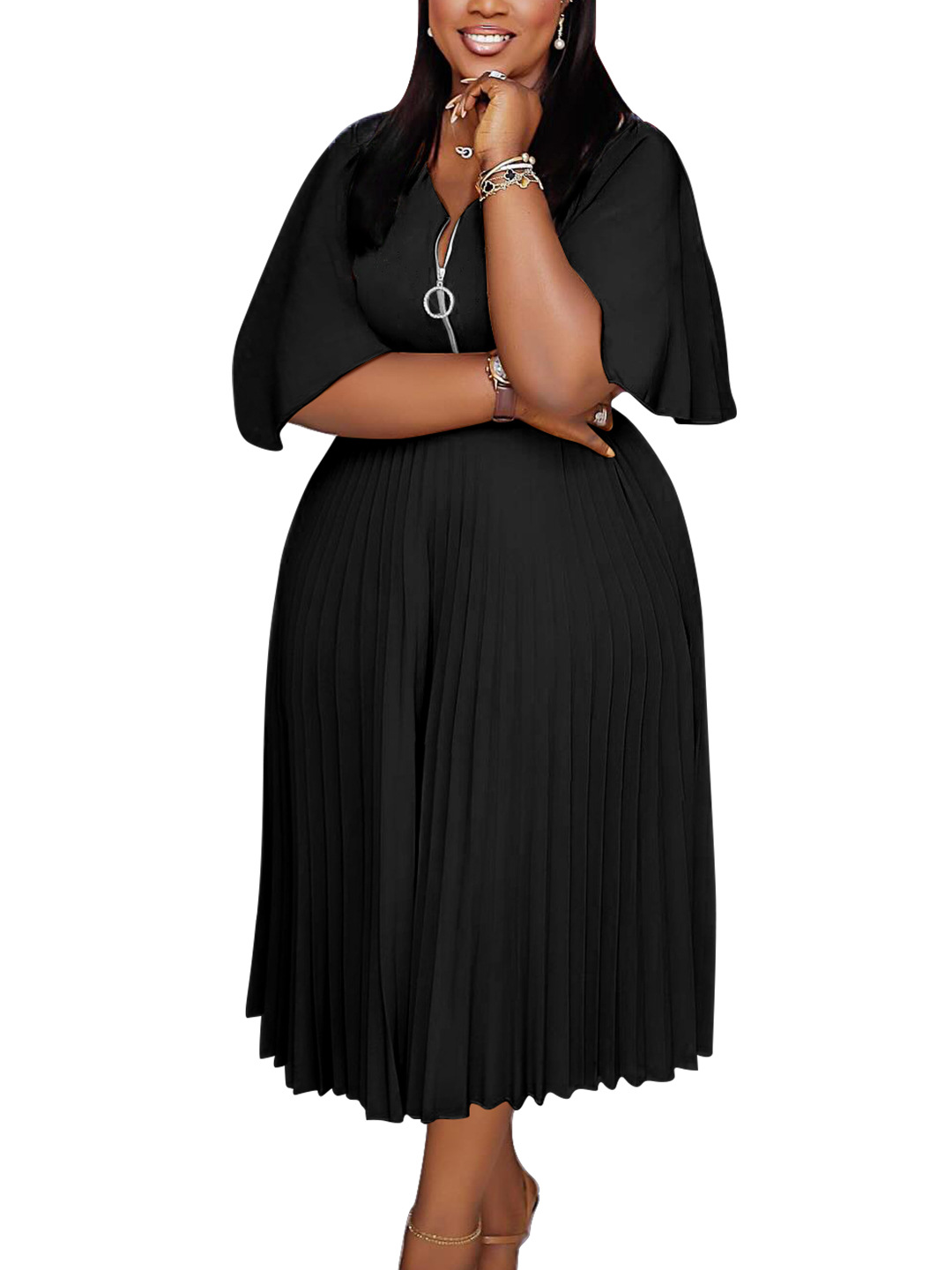 open lace back dress iooiooi African Dresses for Women Ankara Short Sleeve Knee-Length Pleated  Dress with Bow WY9209 at Amazon Women's Clothing store main image 0