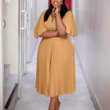 Plus Size Pleated Dress Solid Zipped African Dress