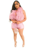 Sexy Nightclub 2PCS Set Feather Halter Tie Back Top and Shorts
