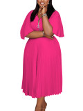 Plus Size Pleated Dress Solid Zipped African Dress