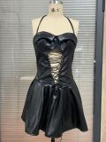 Solid PU Leather Lace-up Hollow Short Party Dress