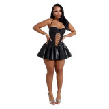 Solid PU Leather Lace-up Hollow Short Party Dress