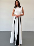 Elegant Evening Dress Contrast White and Black Sleeveless Maxi Dress