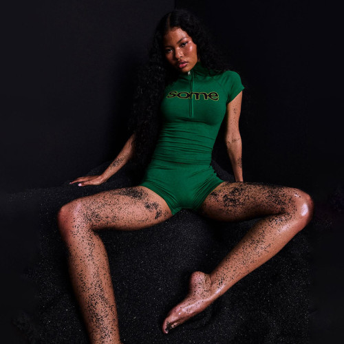 Letter Print 1/2 Zipper Short Sleeve Crop Top and Shorts Slim 2PCS Set