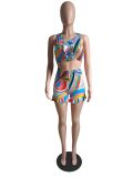Print Sleeveless Zipper Crop Top and Ruffle Shorts Fashion 2PCS Set
