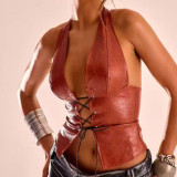 PU Leather Halter Low Back Lace-up Vest Top