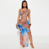 Slash Shoulder Leopard Floral Printed Hollow Sheer Mesh Long Dress