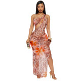 Slash Shoulder Leopard Floral Printed Hollow Sheer Mesh Long Dress