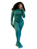 Casual Sports Sexy Tight Fitting Long Sleeve Zipper Top Flare Pants 2-Piece Set