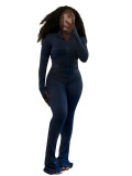 Casual Sports Sexy Tight Fitting Long Sleeve Zipper Top Flare Pants 2-Piece Set