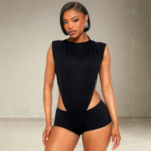 Solid Sleeveless Bodysuit and Shorts Two Piece Set