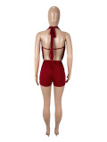 Solid Two Piece Set Cowl Neck Sleeveless Sexy Backless Top and High Waist Shorts