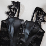 Women Lace-Up Cross Pu Leather Lace Patchwork Sexy Lingerie Set