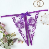 Erotic Lingerie Lace Thong Purple Sheer Open-Crotch Underwear