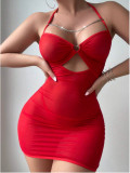 Sexy See-Through Mesh Seductive Halter Chain Nightdress T-Back Lingerie Set