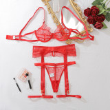 Red See-Through Embroidered Garter Lingerie Set