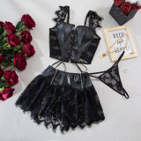 Women Lace-Up Cross Pu Leather Lace Patchwork Sexy Lingerie Set