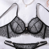 Black See-Through Eyelash Lace Underwired Push-Up Bra Pantie Lingerie Set