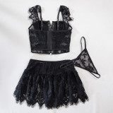 Women Lace-Up Cross Pu Leather Lace Patchwork Sexy Lingerie Set