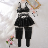 Black See-Through Lace PU Patchwork Bow Decoration Sexy Lingerie Set