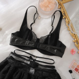 Black See-Through Lace PU Patchwork Bow Decoration Sexy Lingerie Set