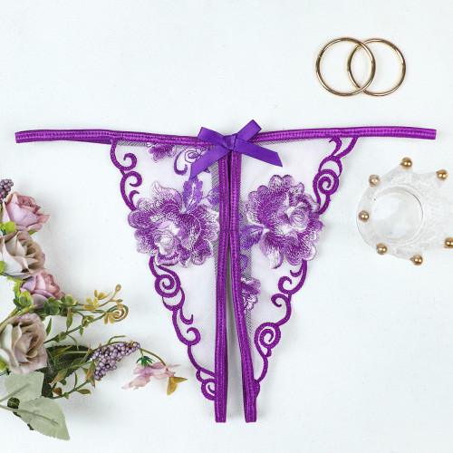 Erotic Lingerie Lace Thong Purple Sheer Open-Crotch Underwear