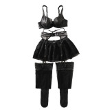 Black See-Through Lace PU Patchwork Bow Decoration Sexy Lingerie Set