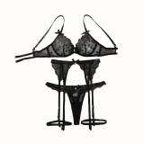 Black See-Through Embroidered Sexy Garter Lingerie Set