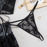 Women Lace-Up Cross Pu Leather Lace Patchwork Sexy Lingerie Set