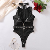 Mesh Patchwork Black Pu-Leather Body-shaping Sexy Teddy Lingerie