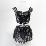 Women Lace-Up Cross Pu Leather Lace Patchwork Sexy Lingerie Set