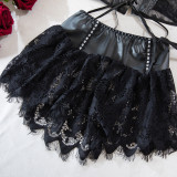 Women Lace-Up Cross Pu Leather Lace Patchwork Sexy Lingerie Set
