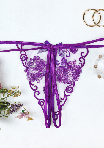 Erotic Lingerie Lace Thong Purple Sheer Open-Crotch Underwear