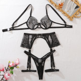Sexy Black See-Through Lace Mesh Sexy Garter Lingerie Set
