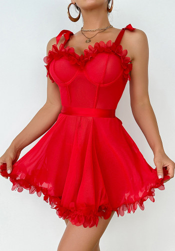Red Mesh Ruffle Solid Sexy Lace-Up Night Dress