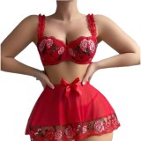 Red Temptation Rose Embroidery Sexy Lingerie Set