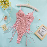 Pink Sequin Lace-up Shaping Hollow Sexy Bodysuit Sexy Lingerie