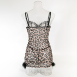 Sexy Leopard Mehs Lace Trim Feather Hem Night Dress Two-Piece Set