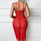 Red Mesh See-Through Nightgown with Panties Sexy Lingerie Set