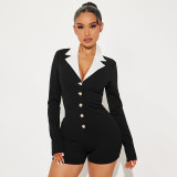 Black Contrast V-Neck Long Sleeve Button Slim Rompers