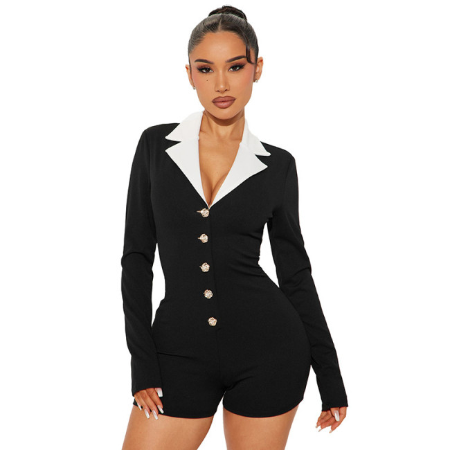 Black Contrast V-Neck Long Sleeve Button Slim Rompers