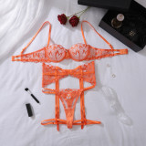 Orange See-Through Embroidered Sexy Garter Lingerie Set