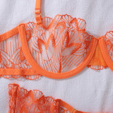 Orange See-Through Embroidered Sexy Garter Lingerie Set