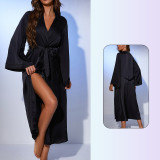 Sexy Loose Long Solid Satin Tie Waist Robe Sexy Leopard Printed Bathrobe